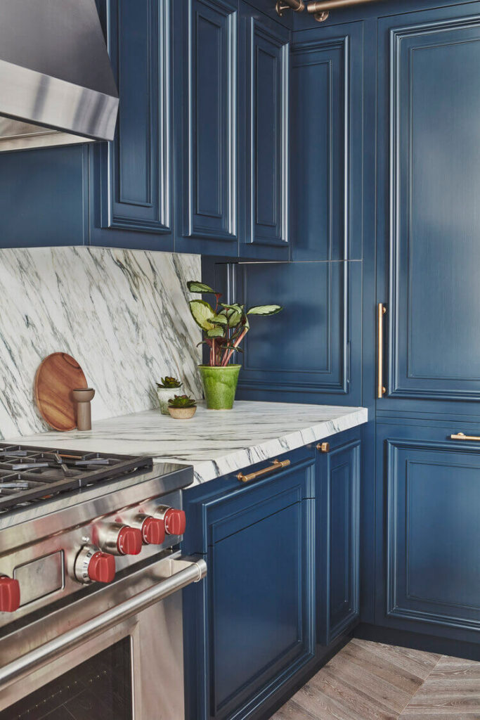 Marble and blue kitchen cabinets