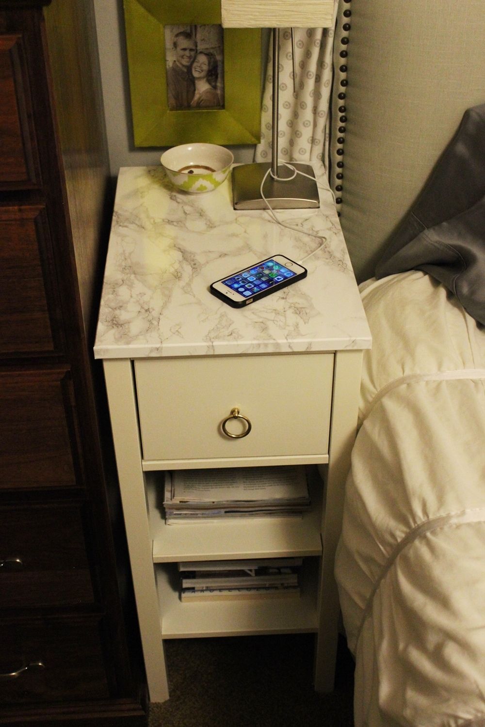 Bedroom small nightstand with marble contact paper on top