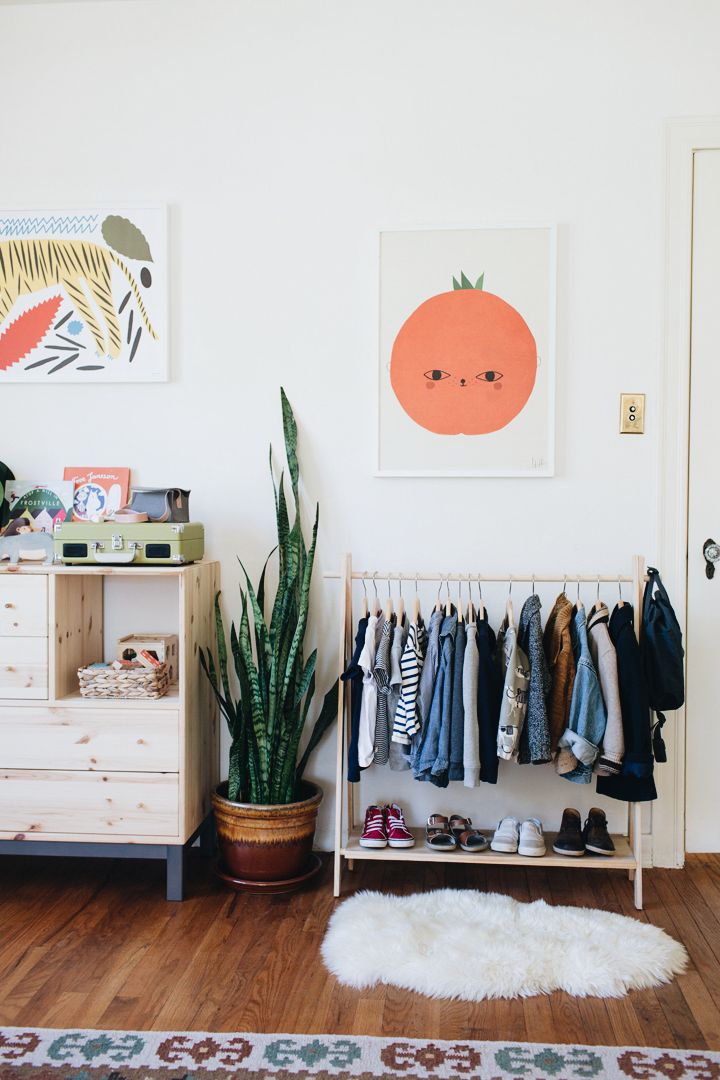 Bedroom with free standing clothing rack