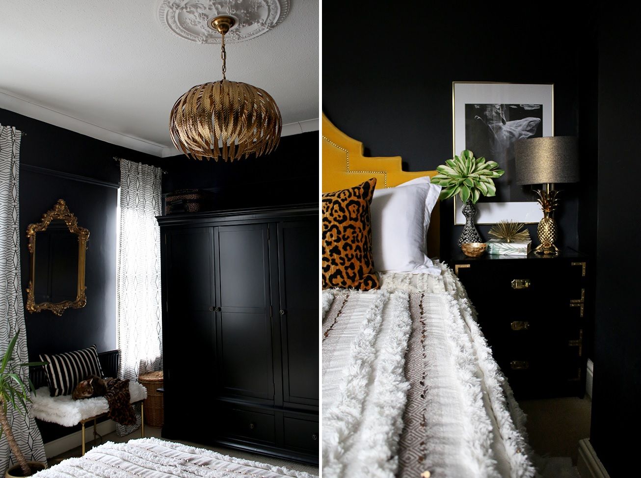 Bedroom with gold ceiling lighting and empty picture frame