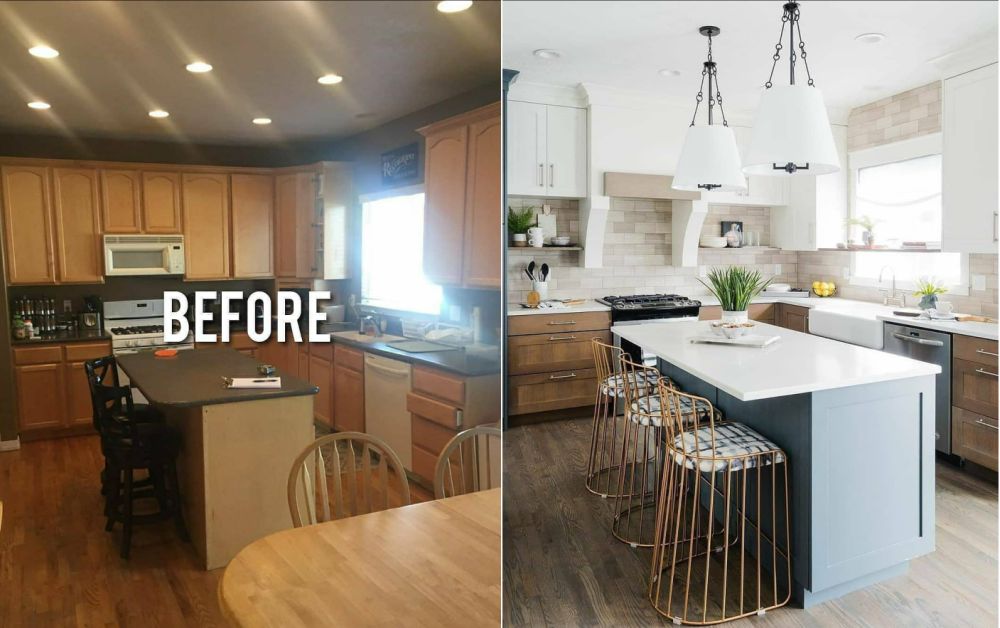 Before and after kitchen remodel with modern chairs and cabinets