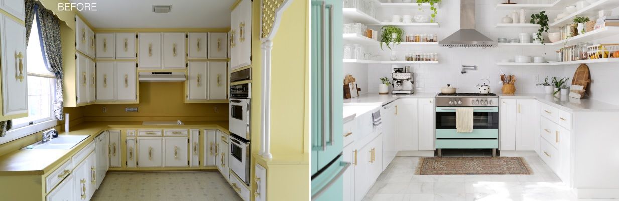 Before and after kitchen remodel with turquoise accents