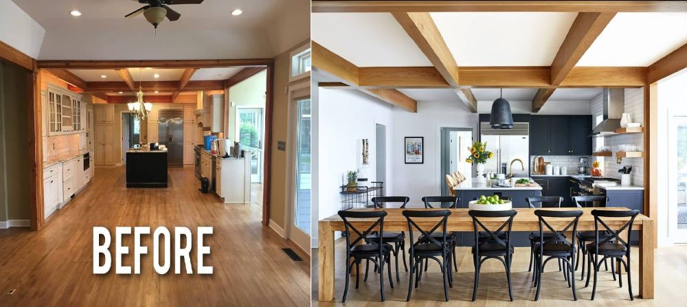 Before and after kitchen with big wooden table