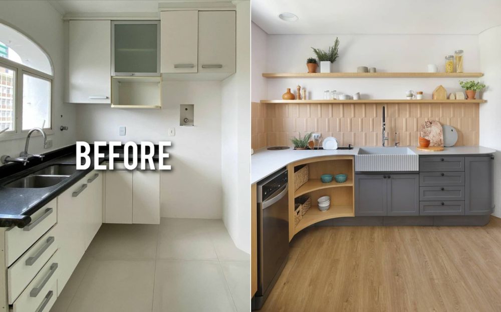 Before and after kitchen with black countertop