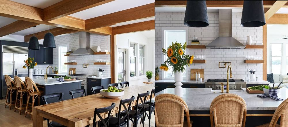 Before and after kitchen with black islet with white marble countertop