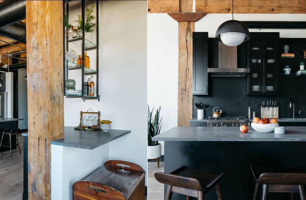 Before and after kitchen with black table and marble countertop