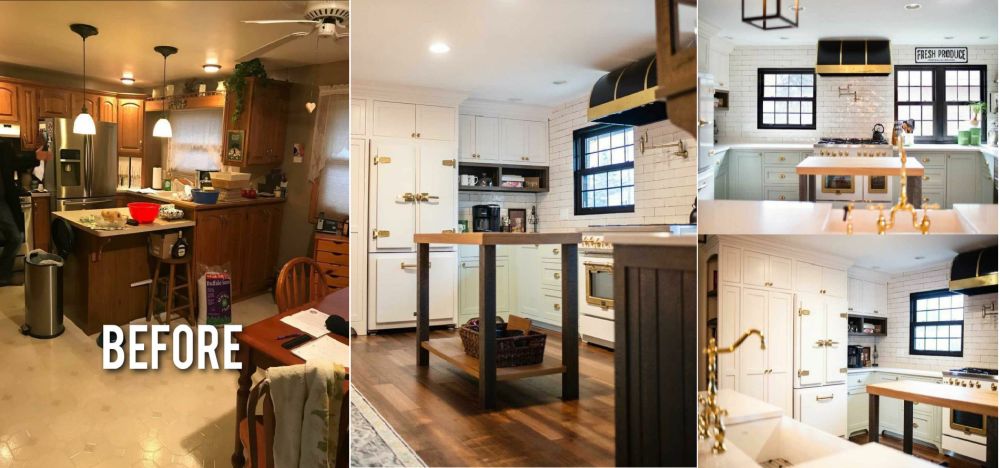 Before and after kitchen with black windows and white tiles on the wall