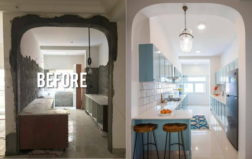 Before and after kitchen with blue cabinets with white countertop