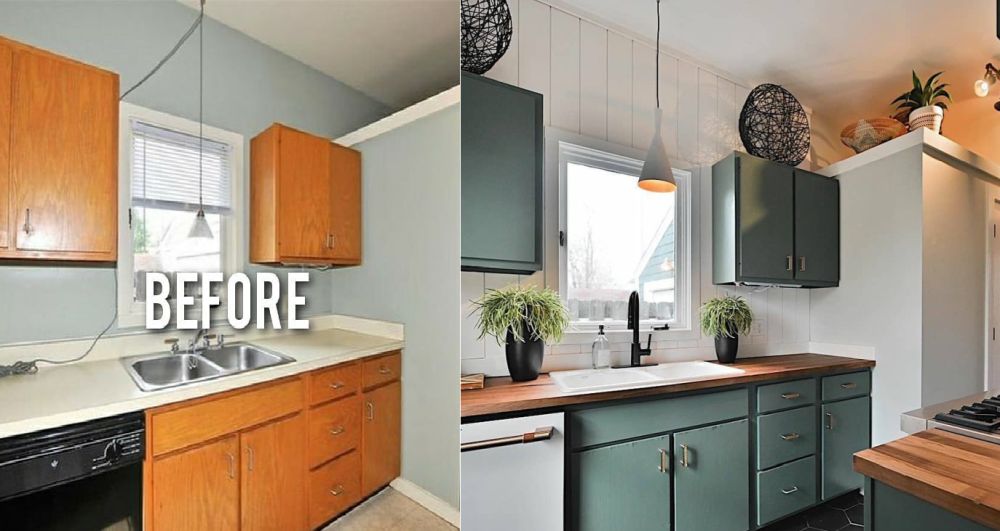 Before and after kitchen with changing the cupboard doors