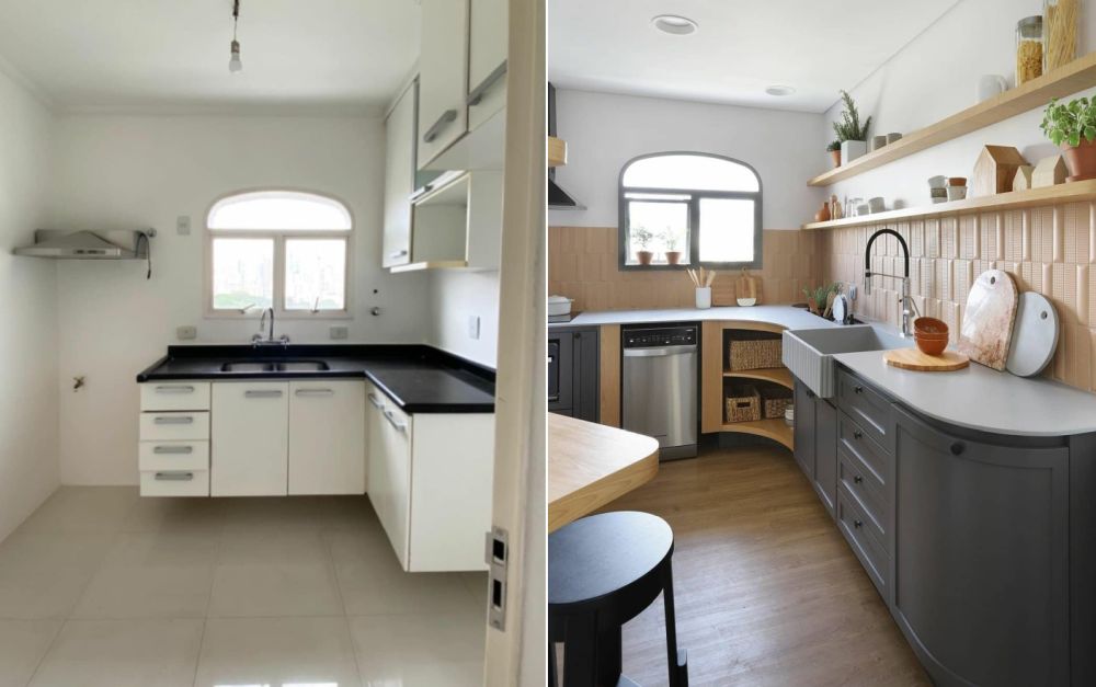 Before and after kitchen with gray curved cabinet