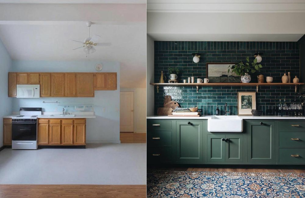 Before and after kitchen with green tiles on the wall and green cabinets