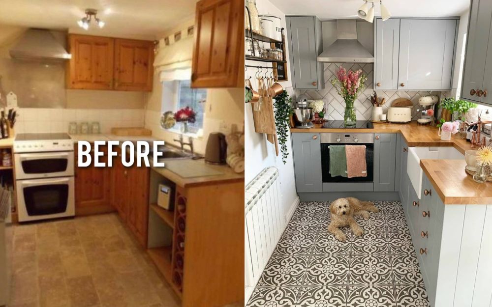 Before and after kitchen with grey cabinets and patterned tiles