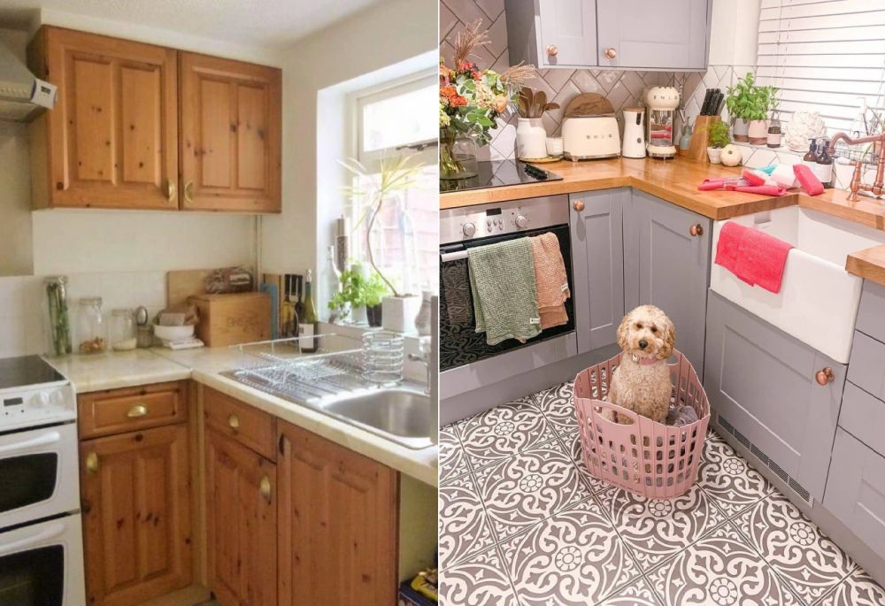 Before and after kitchen with grey cabinets and wooden counterop