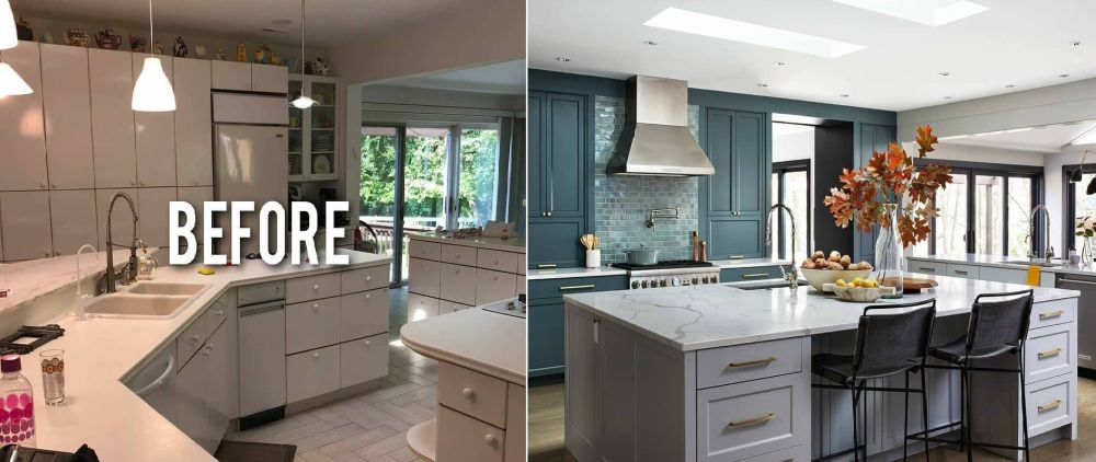 Before and after kitchen with islet with white marrble countertop