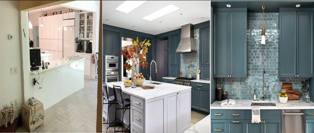 Before and after kitchen with navy blue cabinets