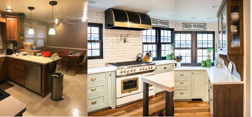 Before and after kitchen with rustic stove