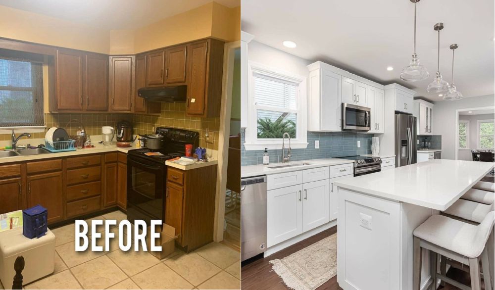 Before and after kitchen with white cabinets and white islet