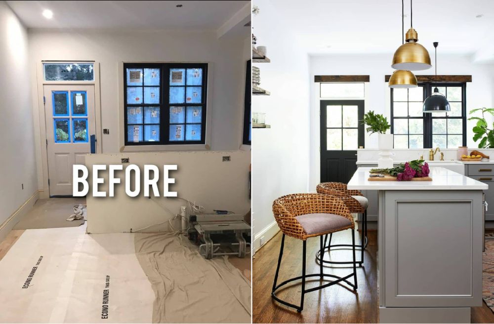 Before and after kitchen with white marble countertop