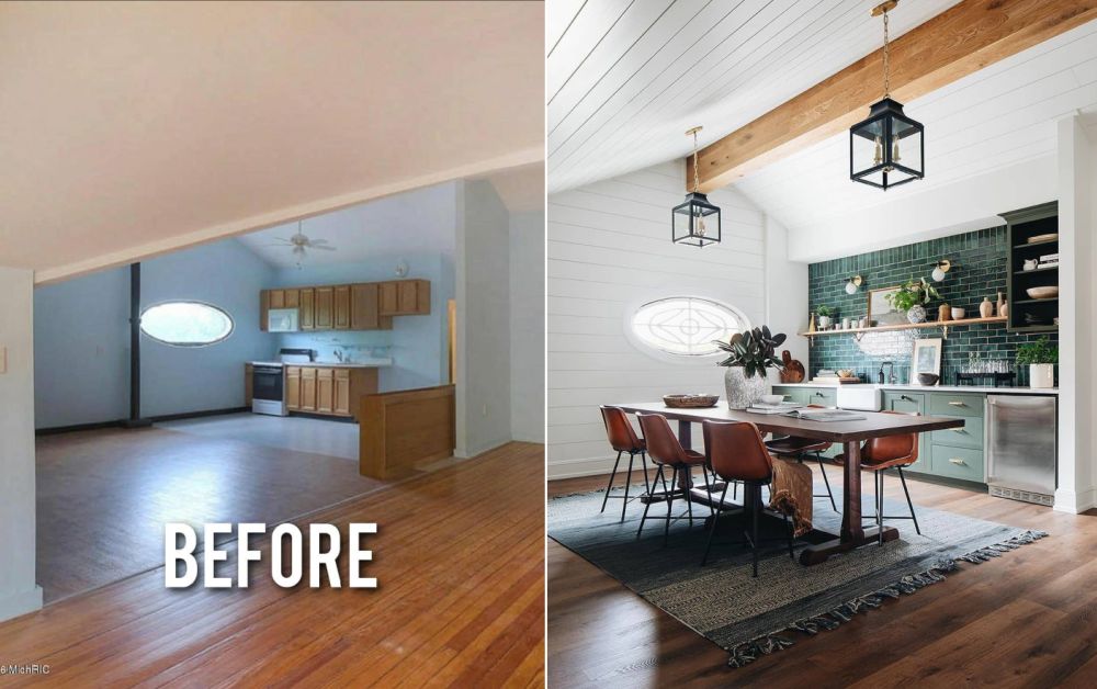 Before and after kitchen with wooden floor and rustic chairs