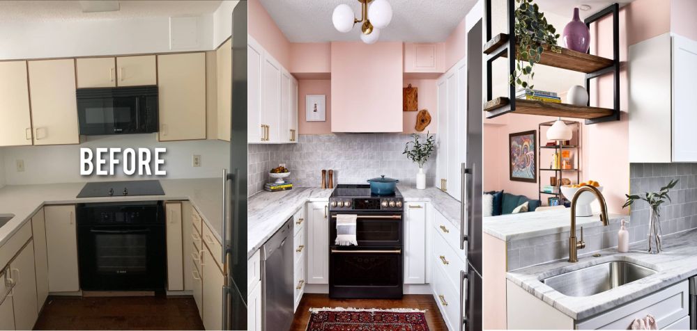 Before and after small kitchen with pink wall and white cabinet with marble countertop