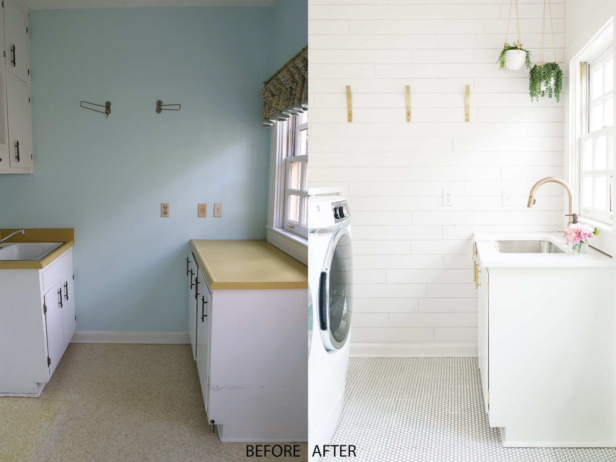 Before and after white laundry room