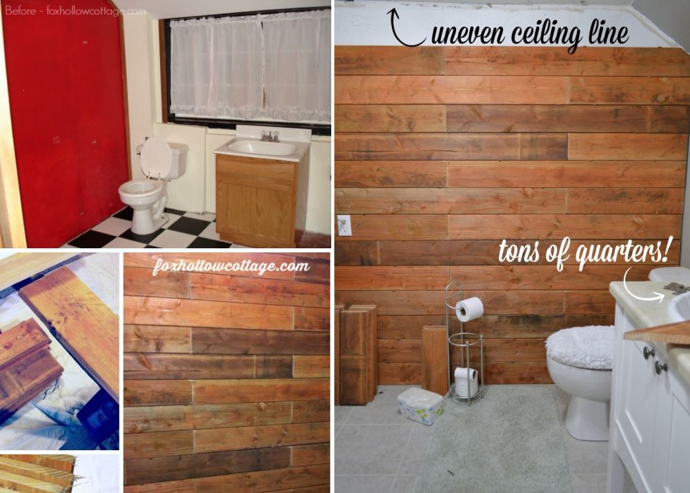 Before and after wood wall for bathroom