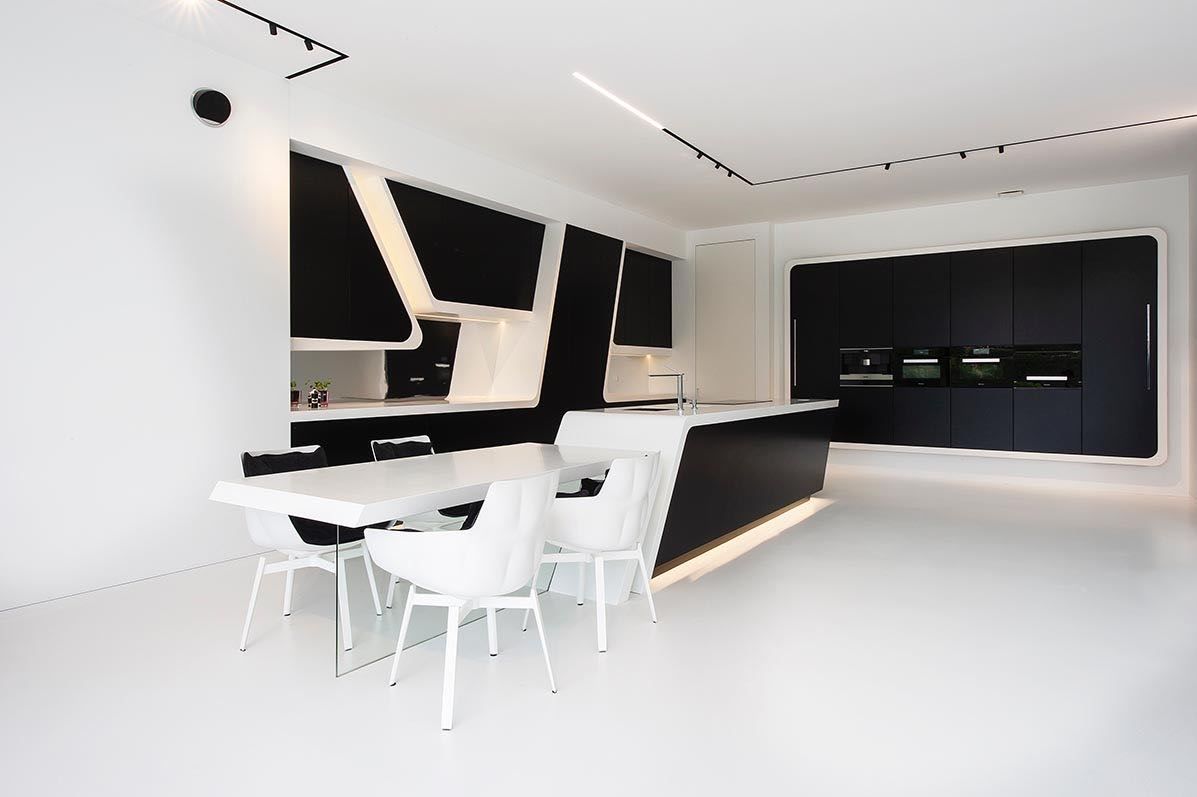 Belgium apartment decor with black and white kitchen