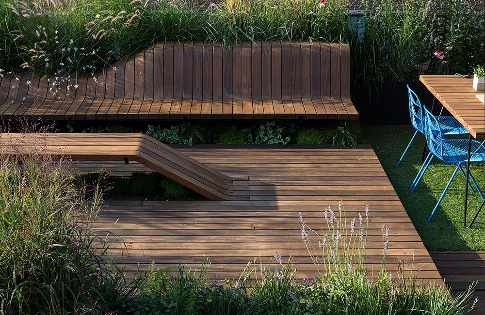 Bench and deck for a rooftop urban garden