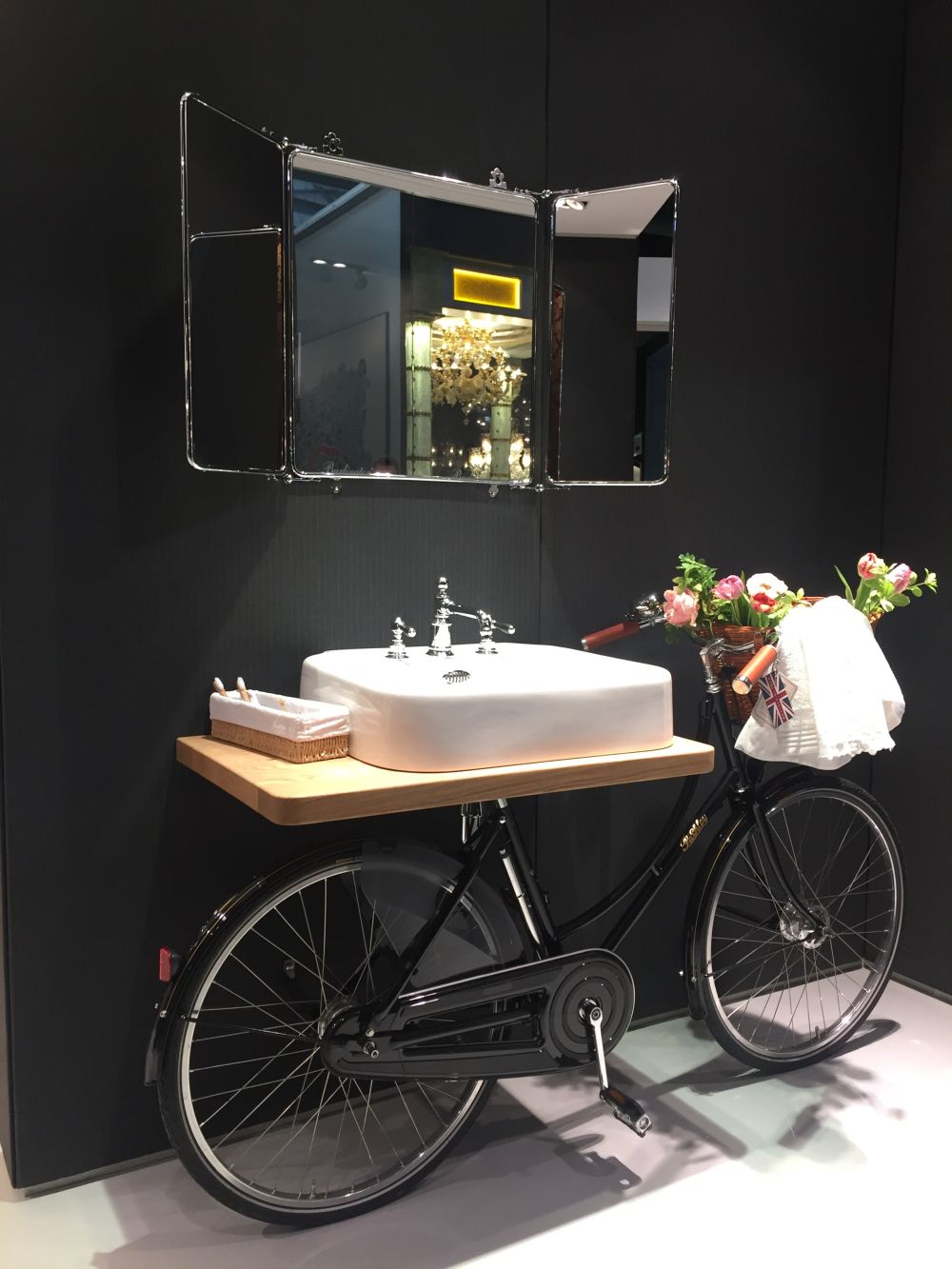 Bicycle turned into a bathroom vanity