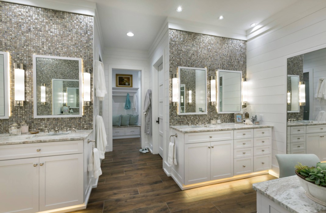 Big bathroom decor with two vanities and led lights