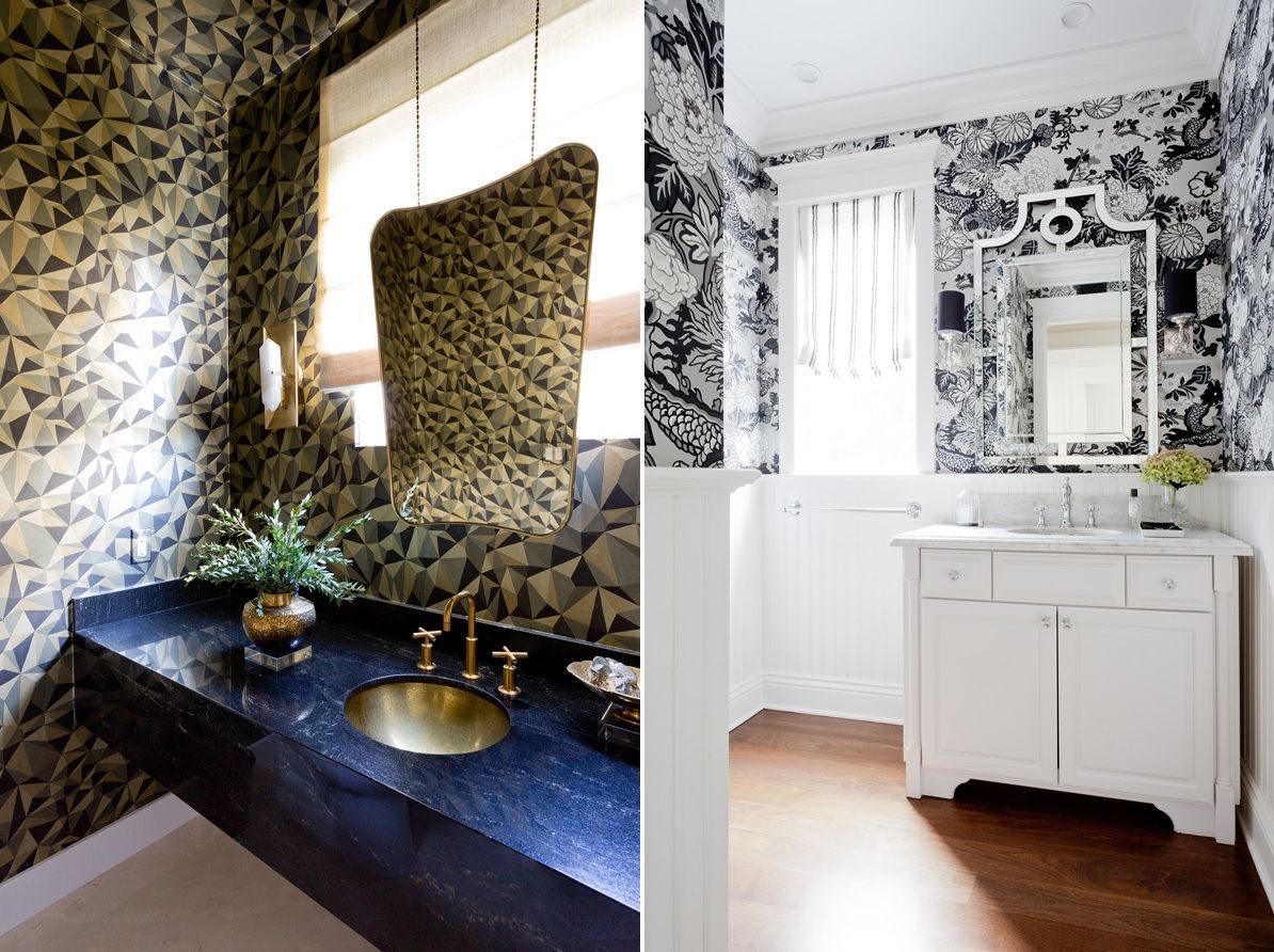 Black and white bathroom wallaper or Gold accents