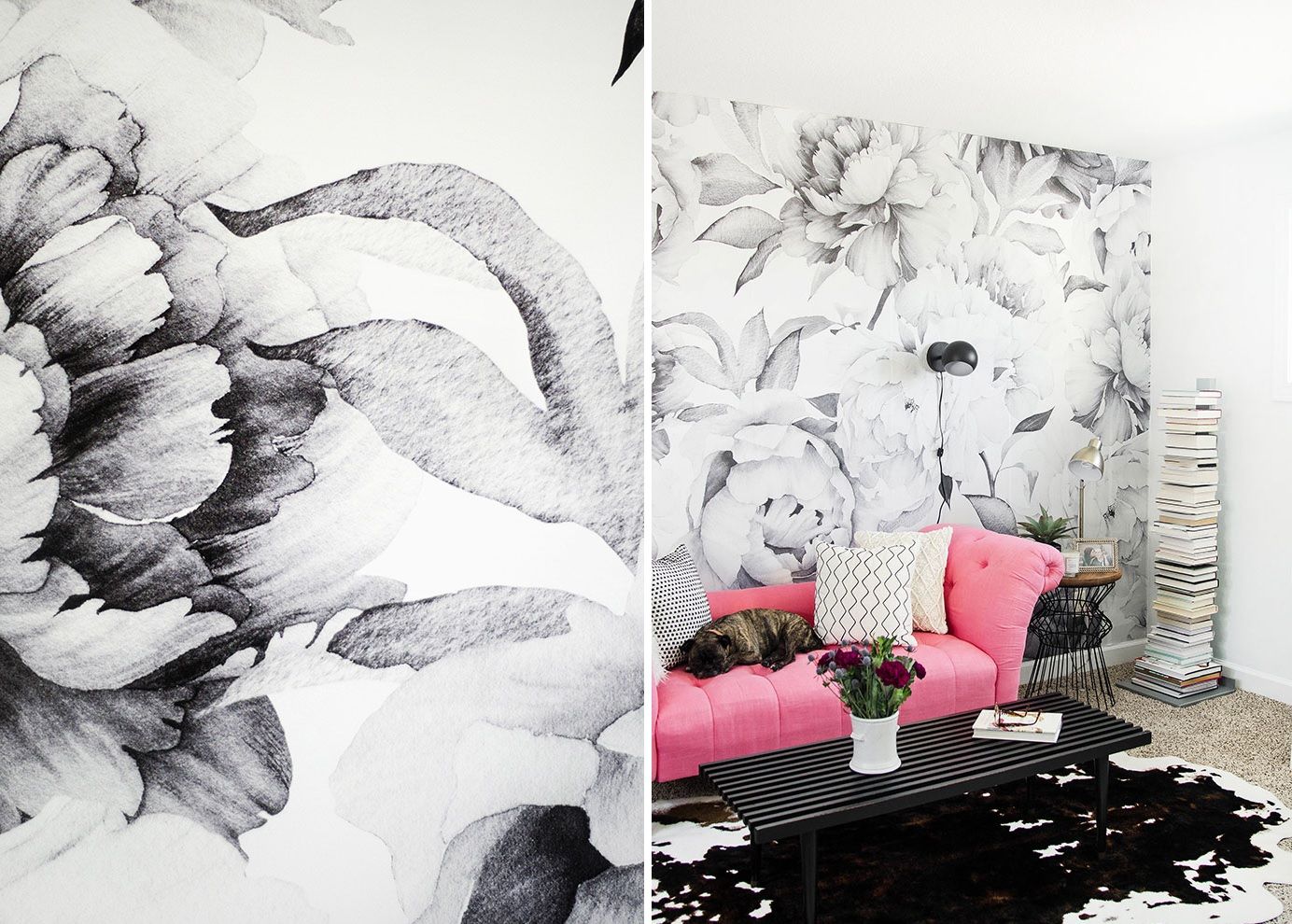 Black and white floral wallpaper for living room