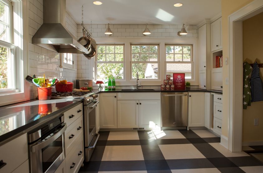 Black and white linoleum kitchen floor