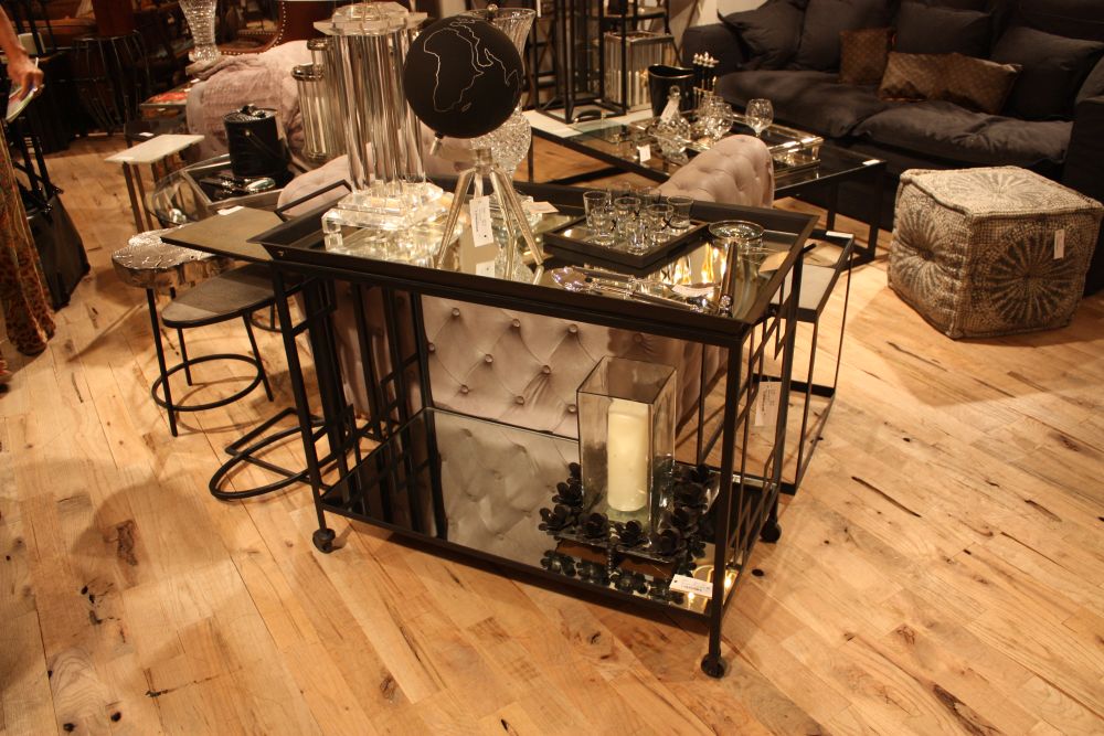 Black bar cart with mirrored tray