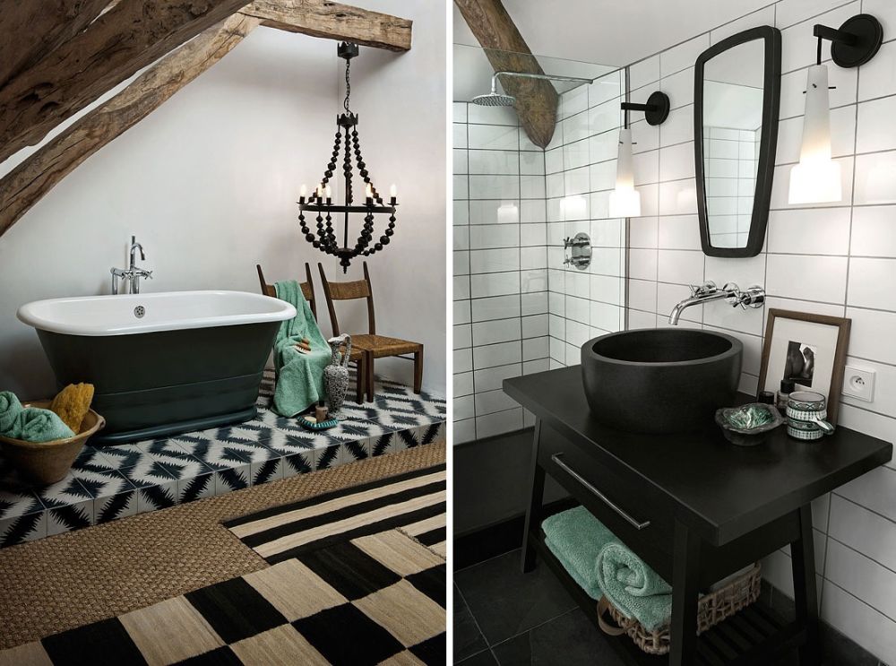 Black bathroom accents with wooden beams