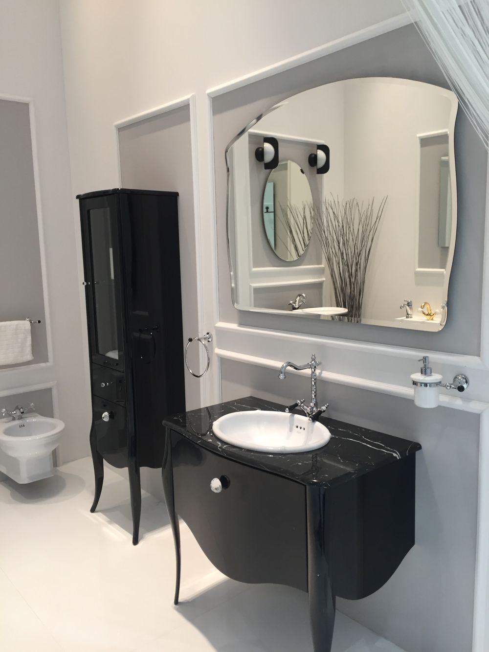 Black bathroom vanity with marble top and mirror freestanding dresser