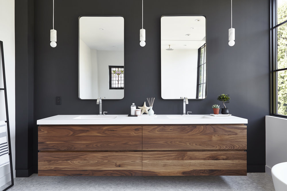 Black bathroom wooden double sink