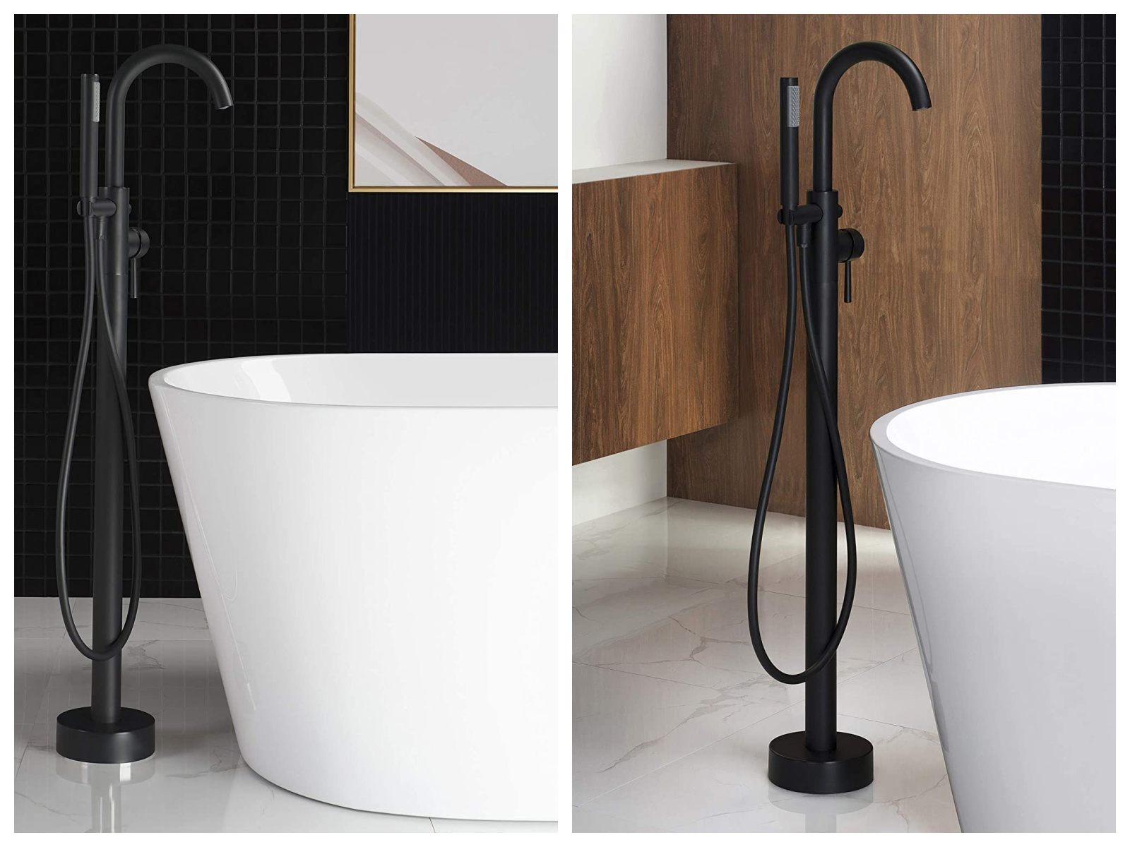 Freestanding Black Floor Mount Faucet with Hand Shower