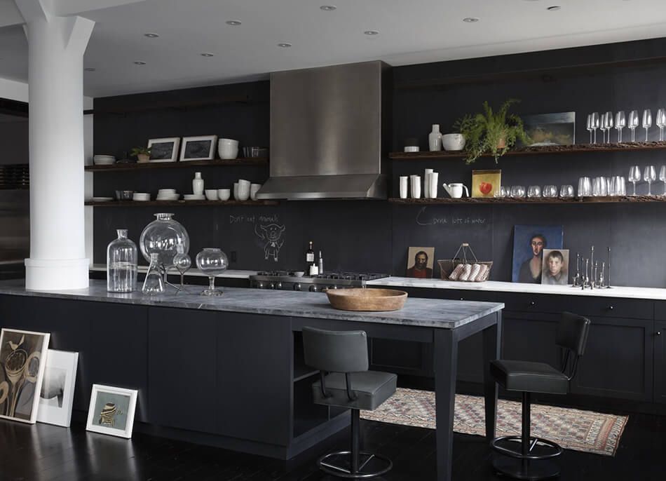 Black cabinets kitchen with open shelves