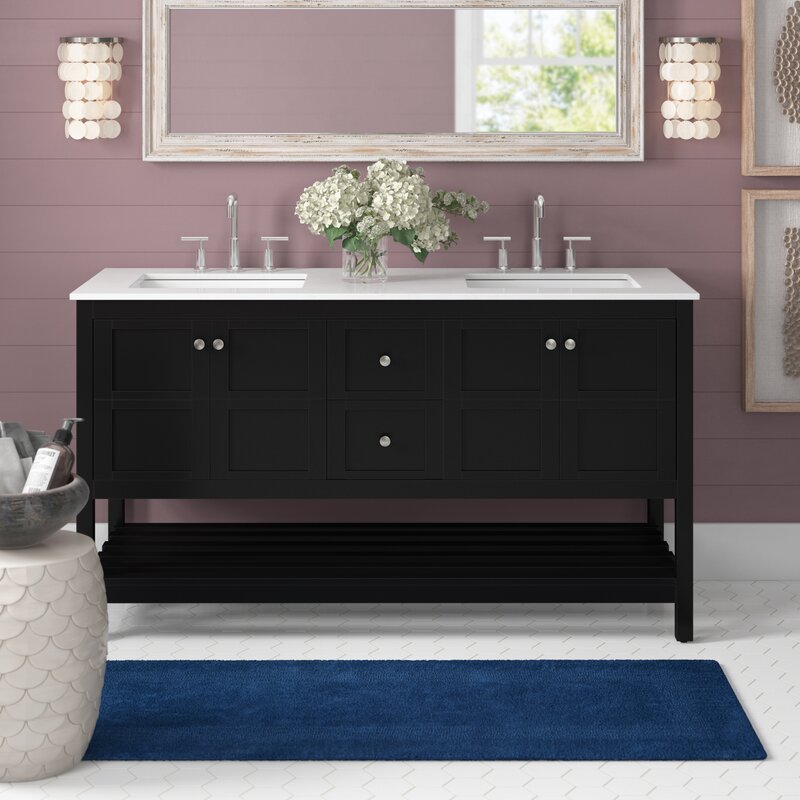 Black double sink vanity with quartz top