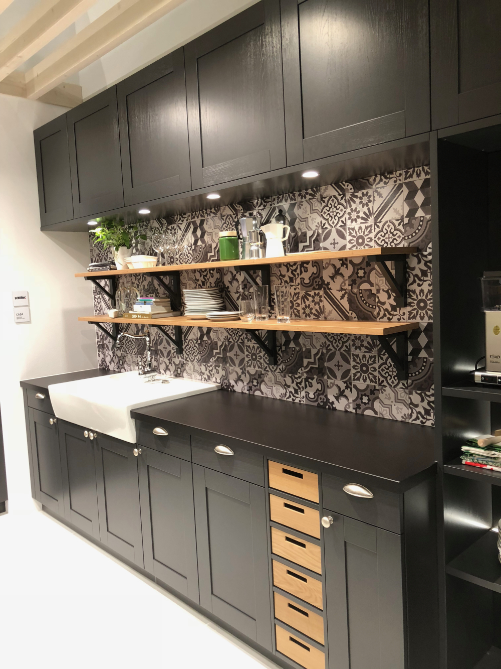 Black kitchen cabinets and shelves