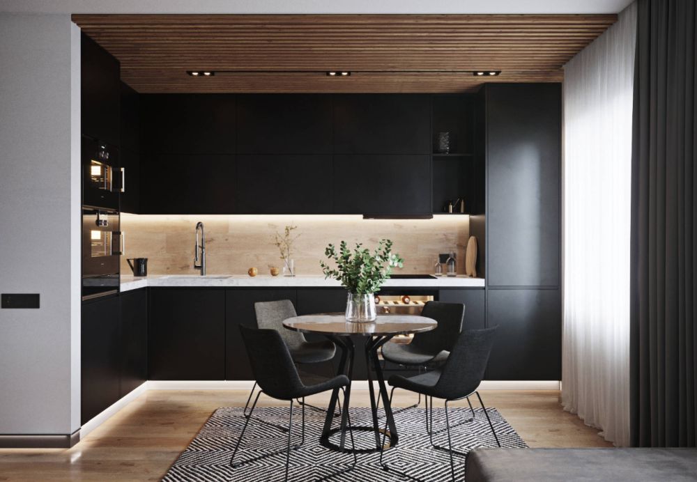 Black kitchen layout for small apartment with travertine backsplash