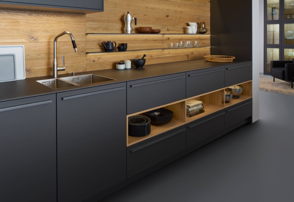 Black kitchen layout with open shelves