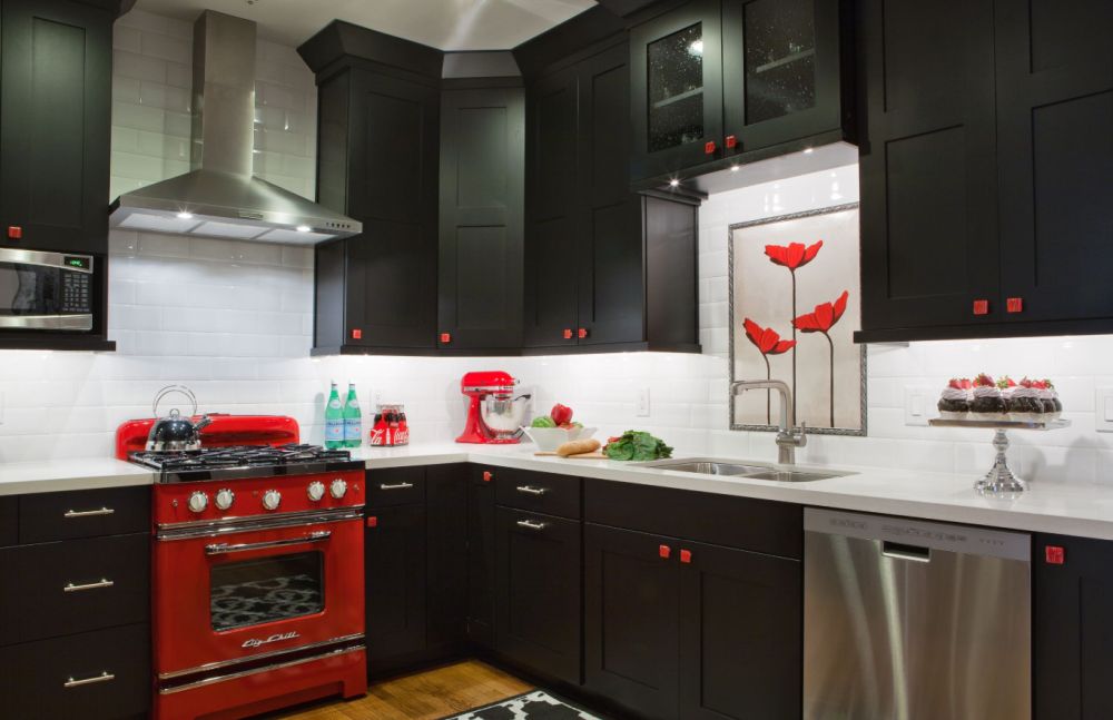 Black kitchen layout with red accents