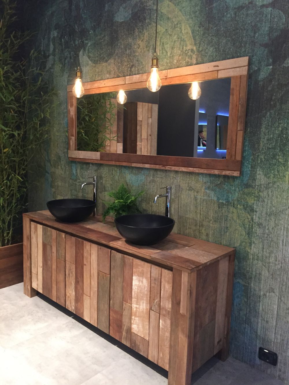 Black round vessel sink and washed reclaimed wood vanity edison lighting fixtures