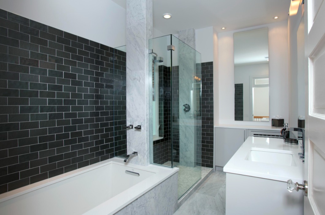 Black subway tiles with white grout