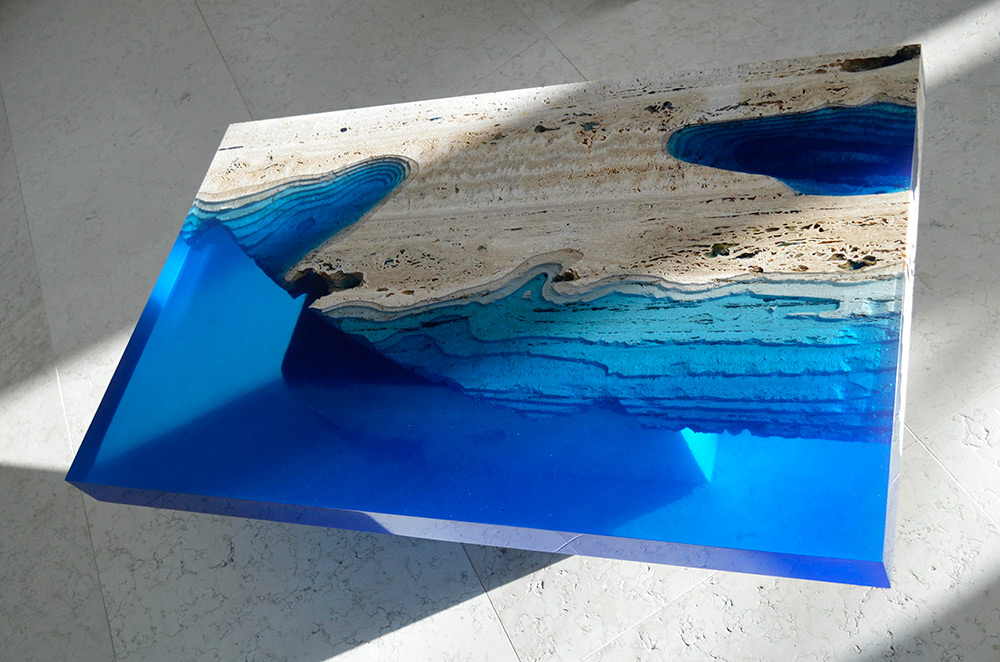 Blue Lagoon table Travertine Marble and Resin