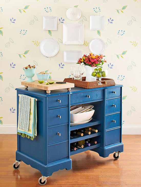 Blue bar cart on wheels