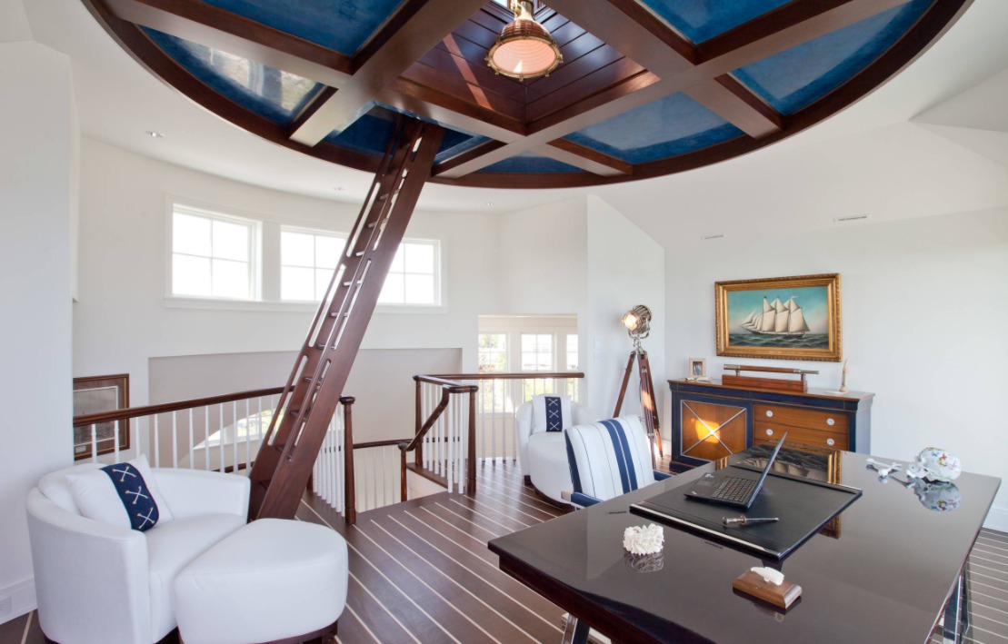 Blue ceiling for office area and wood brown beams