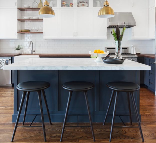 Blue cobalt kitchen island with black chairs